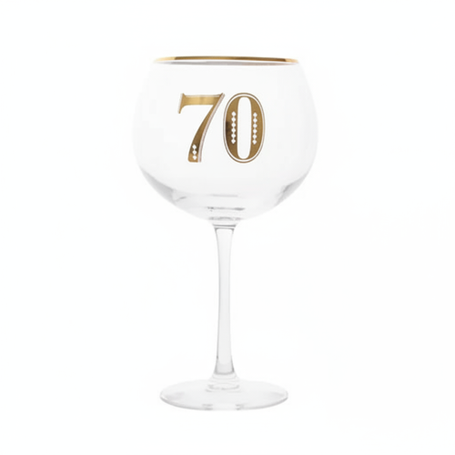 Art Deco 70th Birthday Gin Glass on pure white background, centred studio hero shot