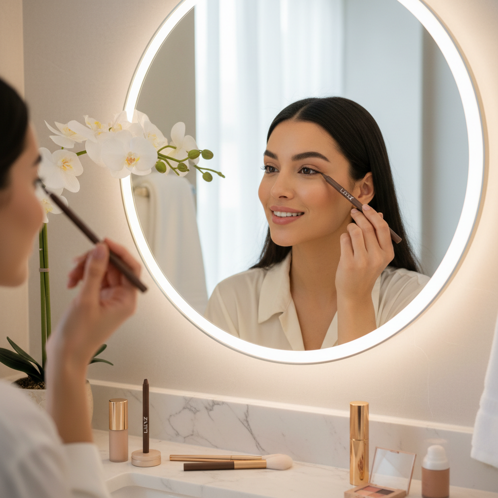 Woman applying Lilyz dark brown waterproof eyeliner pencil