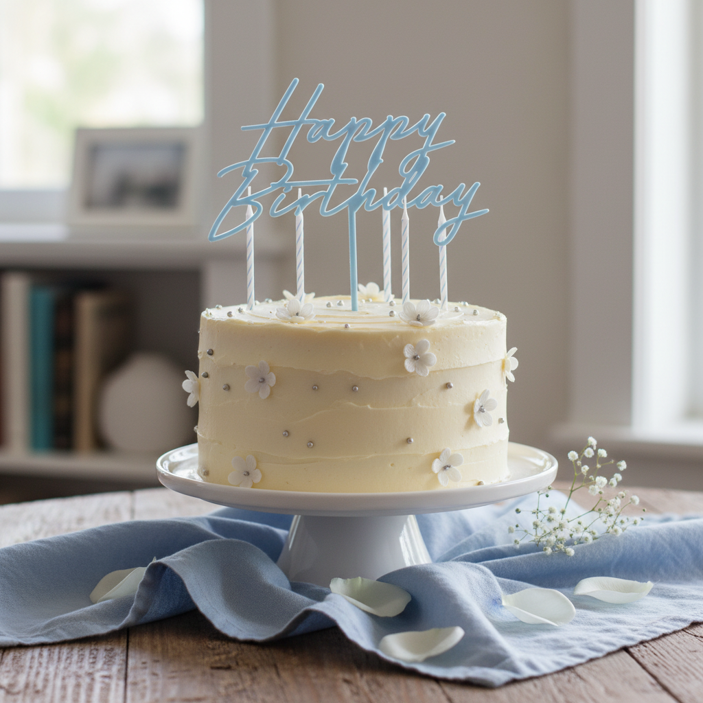 Misty blue acrylic Happy Birthday cake topper displayed on a birthday cake in a home celebration setting with minimal complementary props including candles and white flowers