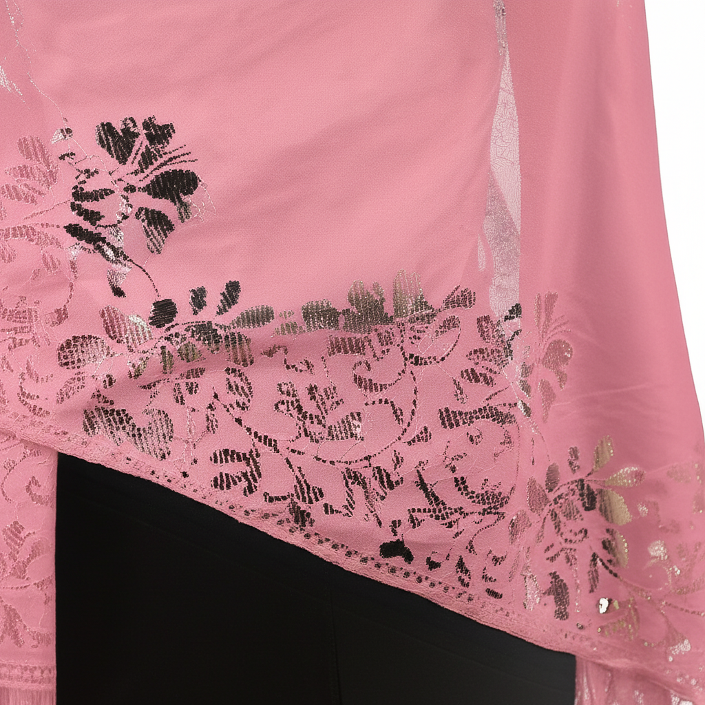 Close-up detail of soft pink lace floral pattern and tassel fringe on evening pashmina shawl