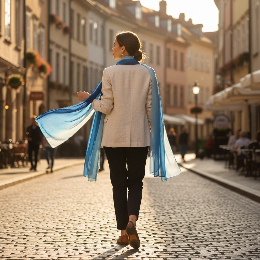 Stylish woman wearing navy blue gradient chiffon scarf walking through a European city street