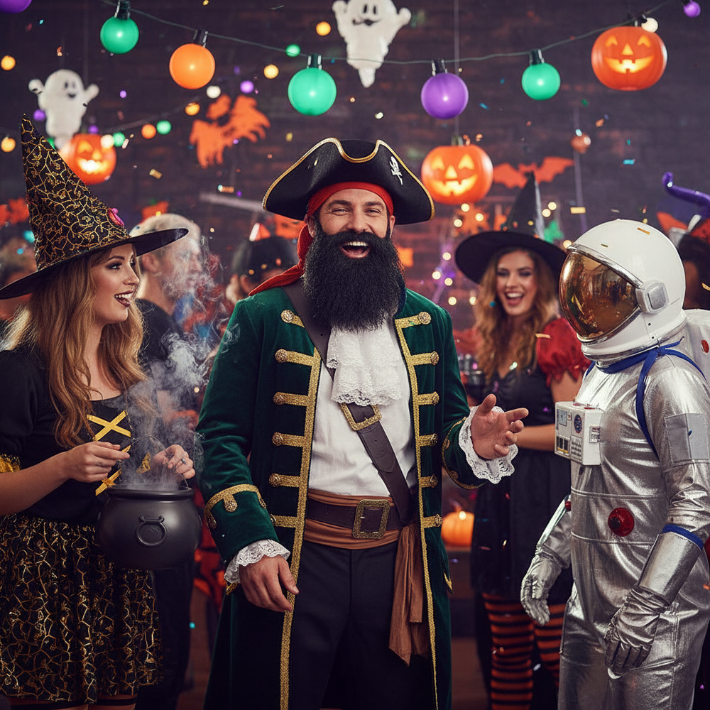 Man enjoying Halloween party wearing black costume beard with festive decorations