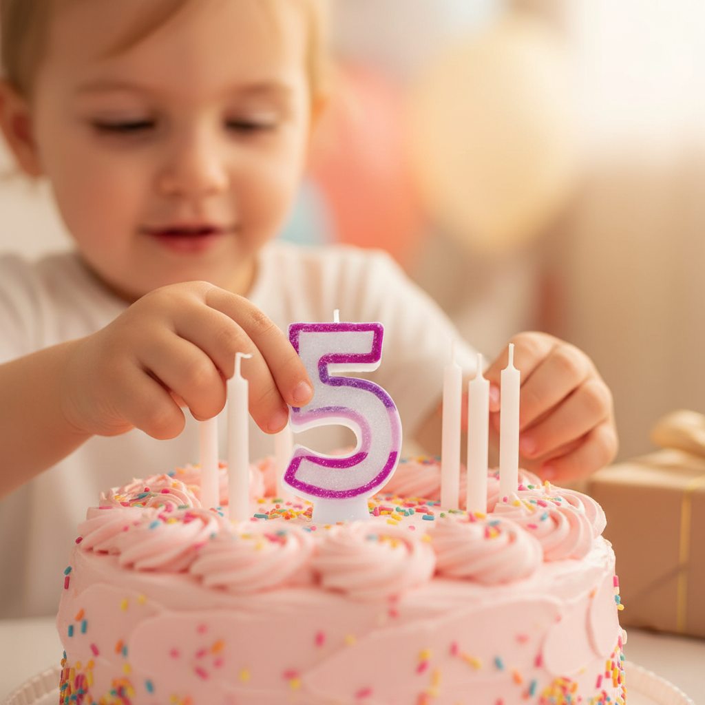 Child's hands placing pink glitter number 5 birthday candle onto a birthday cake, warm bokeh background