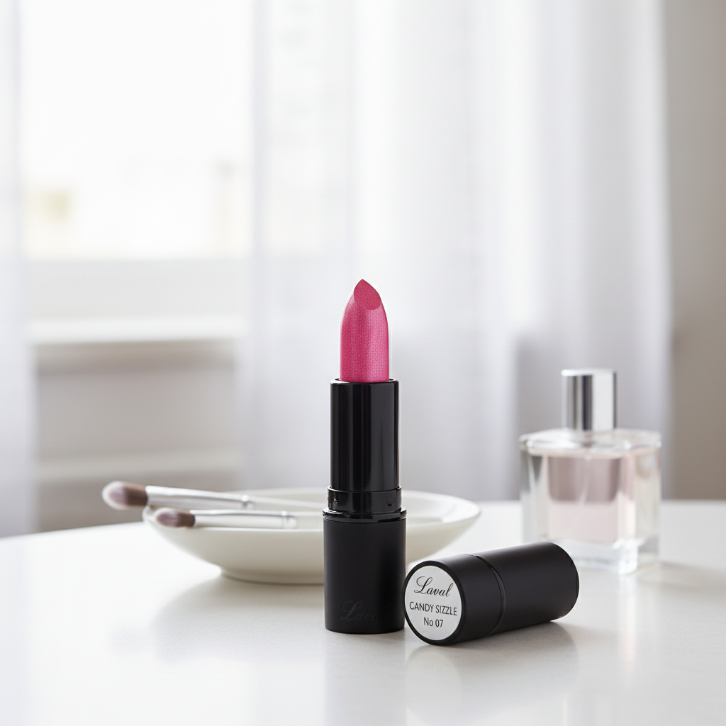 Laval Lipstick Candy Sizzle 07 matte black tube on stylish vanity dressing table with beauty accessories