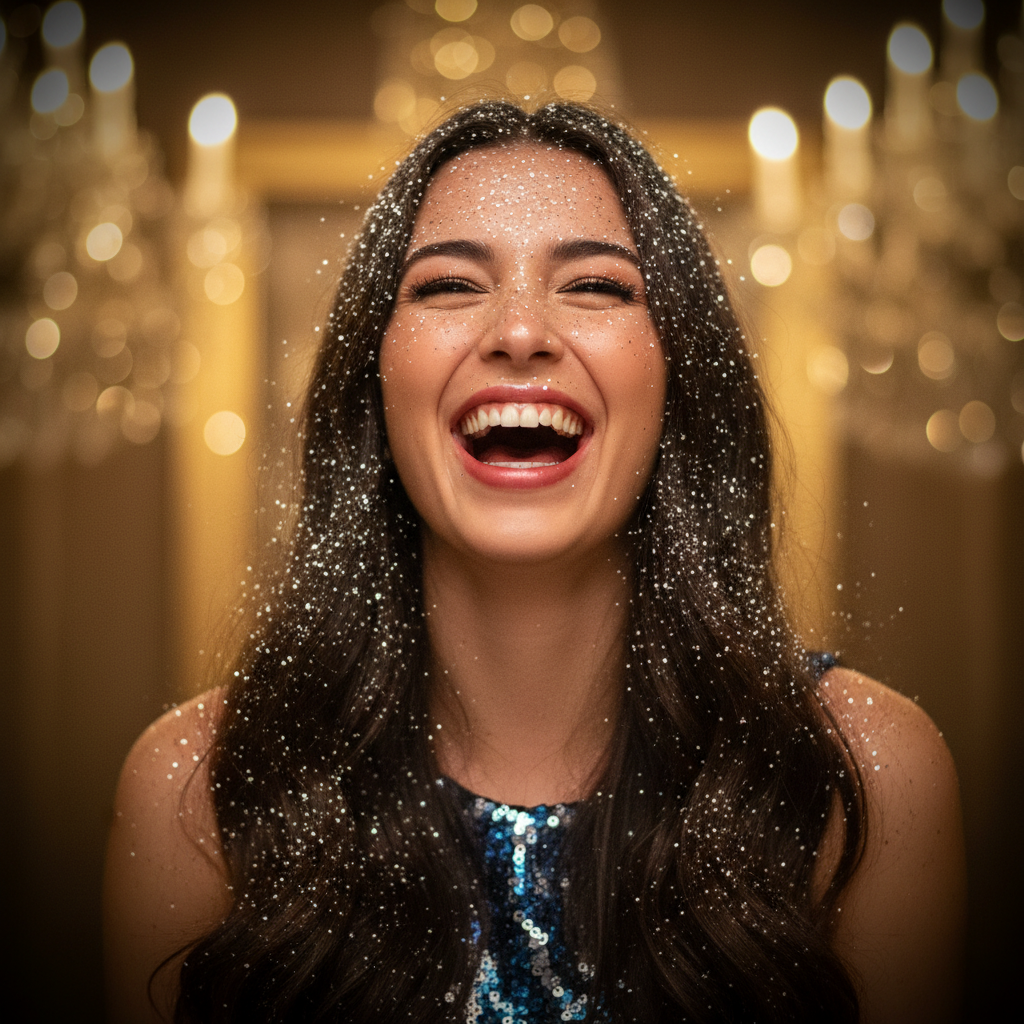 Young woman at glamorous New Year's Eve party with silver glitter sparkling in her hair, warm golden bokeh lights in background