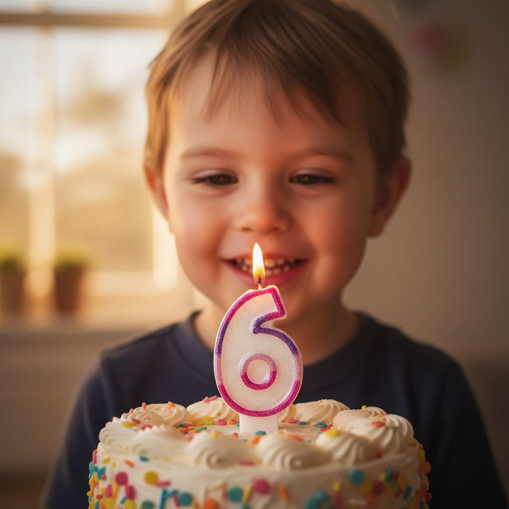 Child's face illuminated by glowing pink number 6 birthday candle, golden hour emotional birthday celebration scene