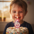 Child's face illuminated by glowing pink number 6 birthday candle, golden hour emotional birthday celebration scene