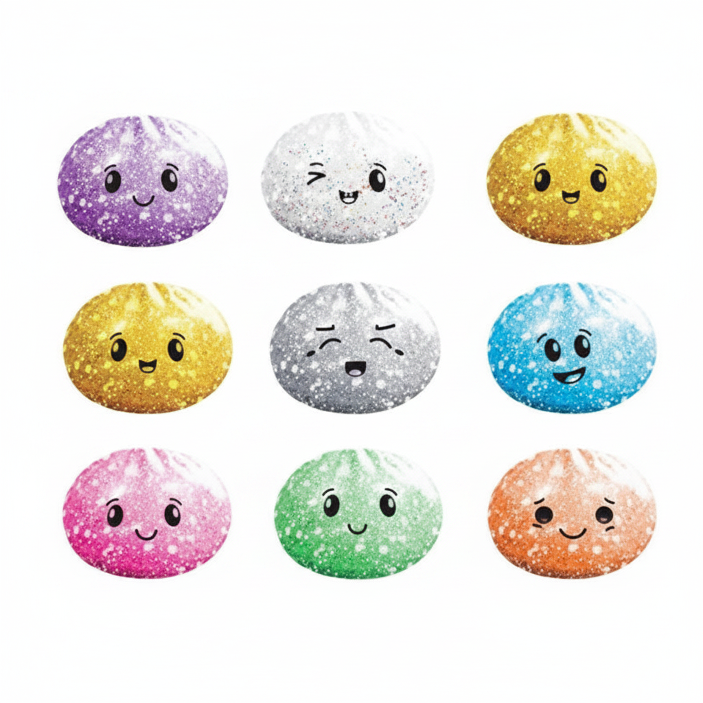 8 mini glitter squishy bao bun toys in purple, white, yellow, silver, blue, pink, mint and orange on a pure white studio background
