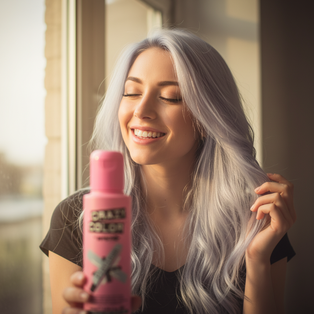 Woman with icy silver-platinum hair in golden hour light holding Crazy Color Platinum No.28 — confidence and transformation