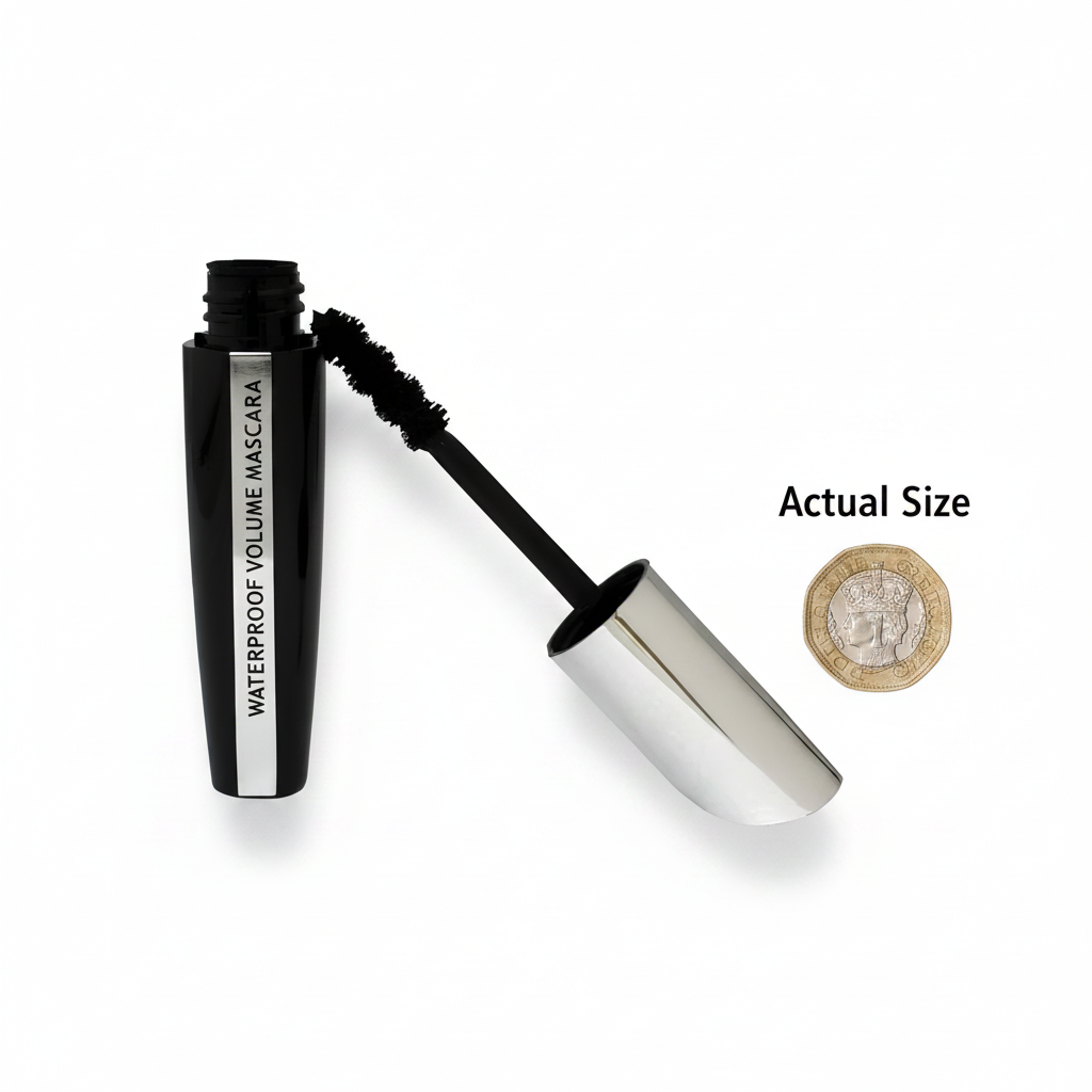 Lilyz Waterproof Volume Mascara Black shown beside a £1 coin for scale on white background