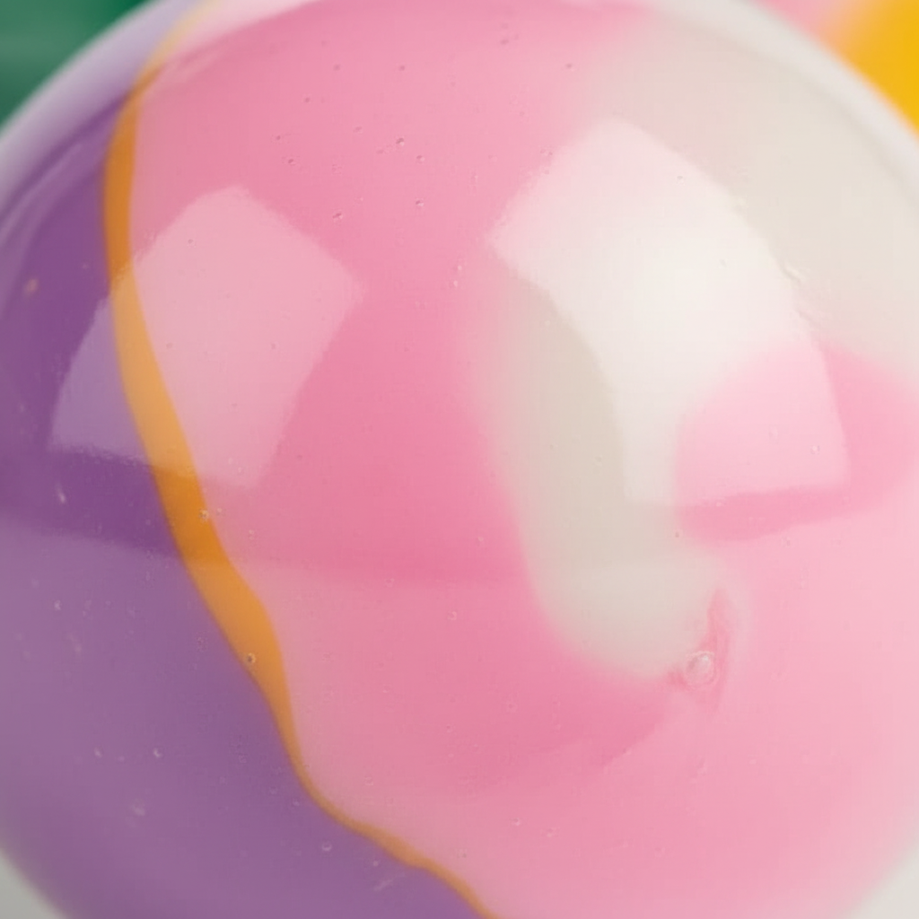 Extreme close-up macro shot of sensory putty ball surface showing smooth pink purple yellow marble swirl texture and quality