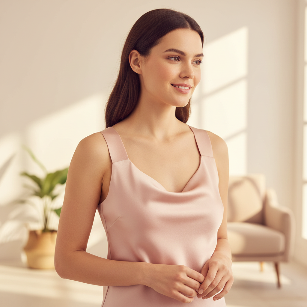 Woman wearing a perfectly fitted outfit with slim bra straps sitting flat and discreet — the polished, confident result of Adorn adjustable bra straps