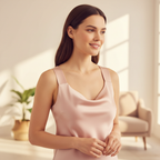 Woman wearing a perfectly fitted outfit with slim bra straps sitting flat and discreet — the polished, confident result of Adorn adjustable bra straps