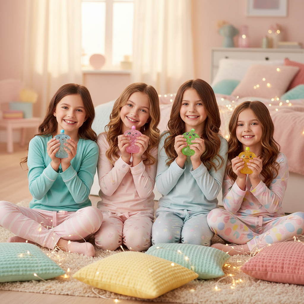 Four girls at a sleepover cuddling all four colours of Stretch and Squeeze Bubble Tea Gel Toys on a pastel bedroom floor