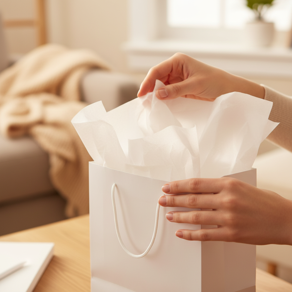 Candid shot of hands placing white tissue paper into a gift bag, warm bokeh background, authentic lifestyle moment