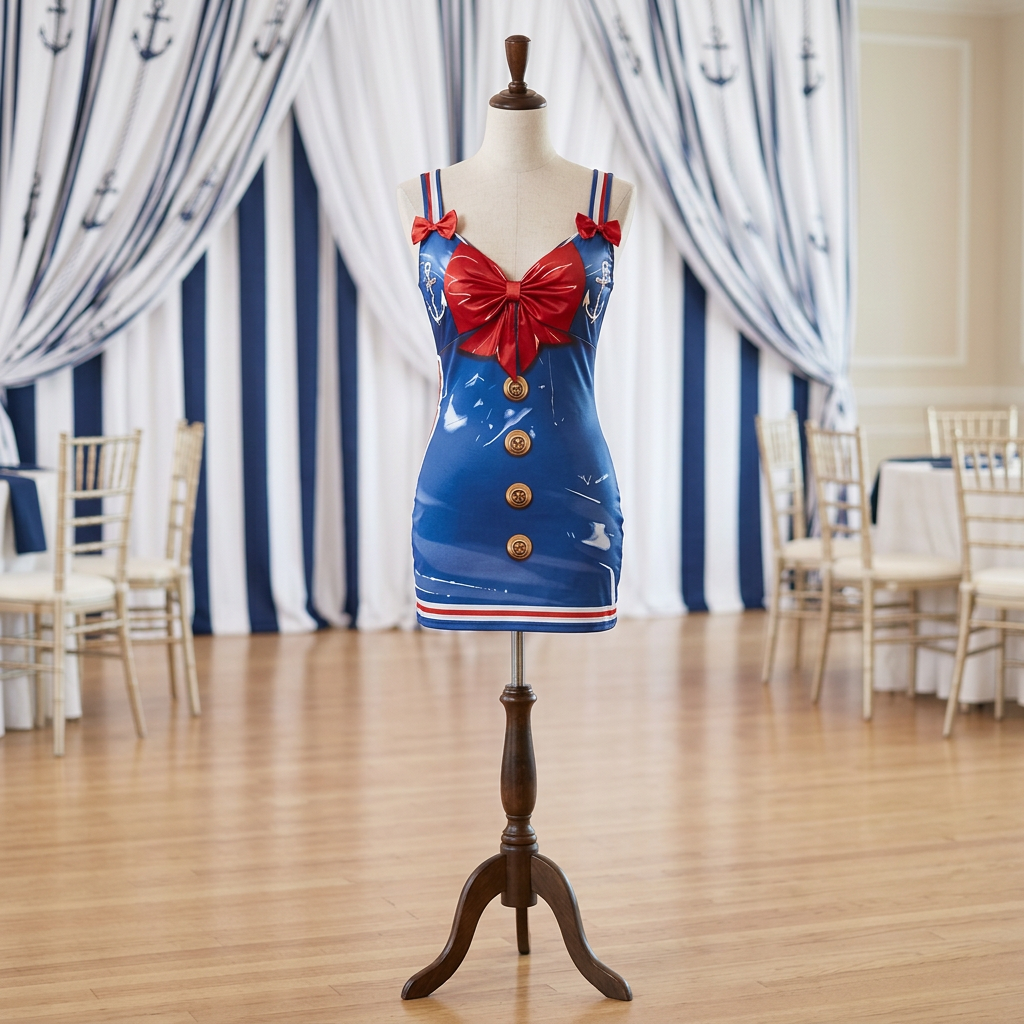 Blue sailor mini dress with red bow displayed on a dress form in a nautical-themed event room.