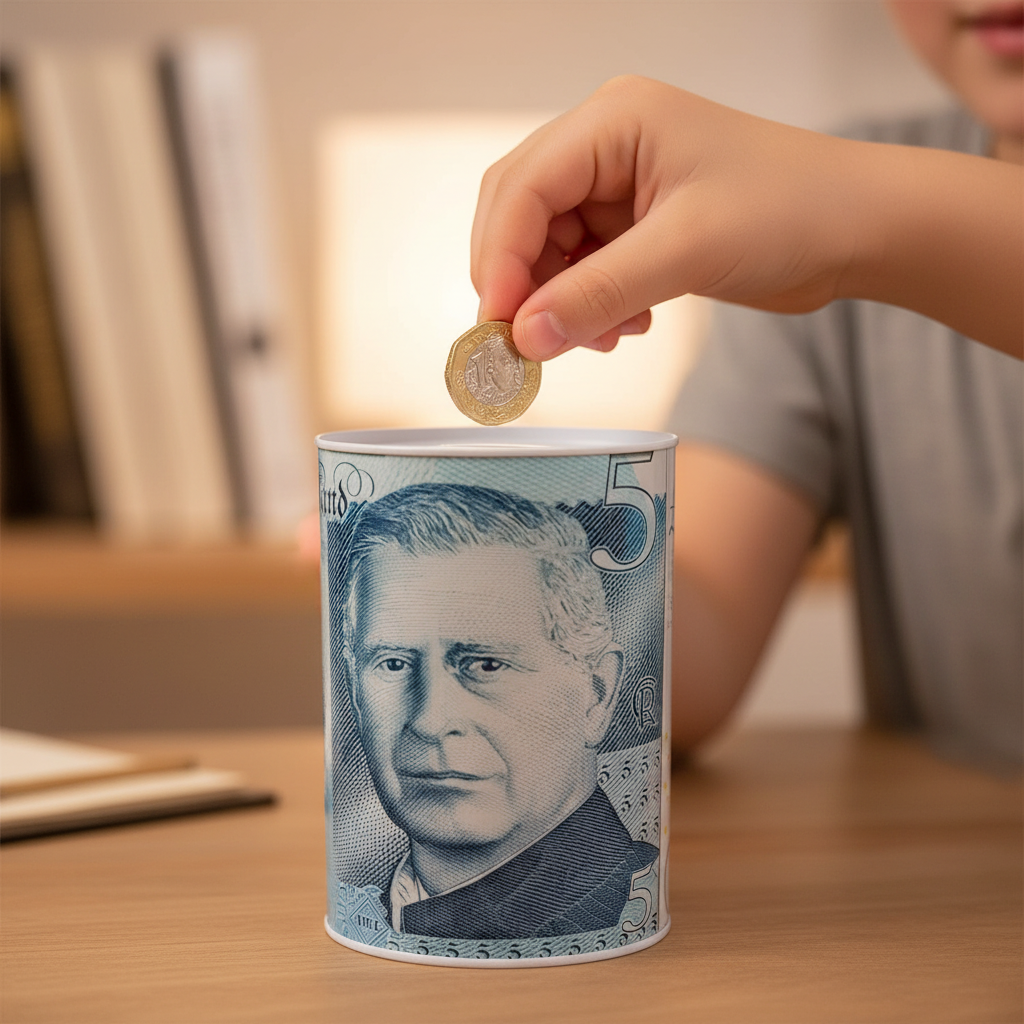 Child dropping pound coin into King Charles novelty saving tin coin slot fun kids money box gift