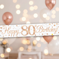 9ft Sparkling Fizz 80th Birthday Banner in rose gold holographic and white - premium party decoration