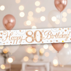 9ft Sparkling Fizz 80th Birthday Banner in rose gold holographic and white - premium party decoration