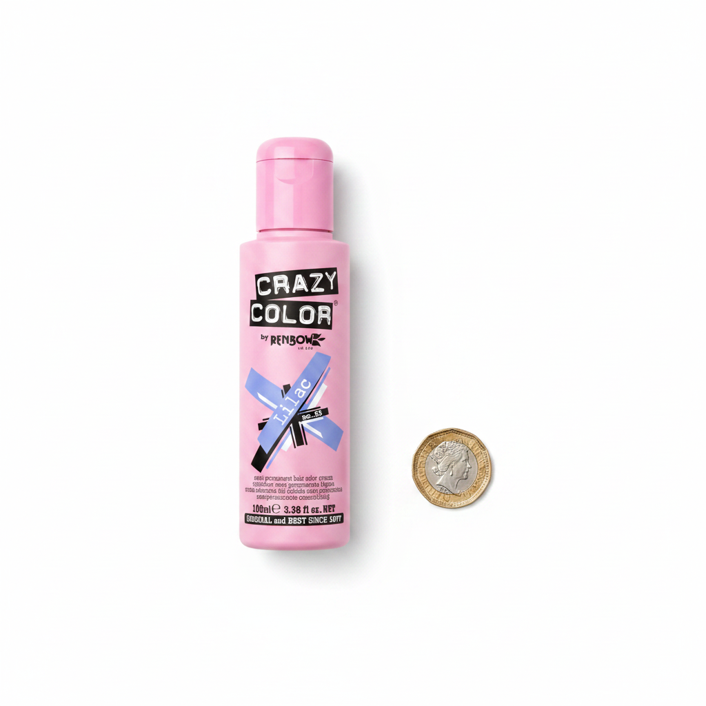 Crazy Color Lilac No.55 100ml bottle beside a £1 coin on white background to show product size