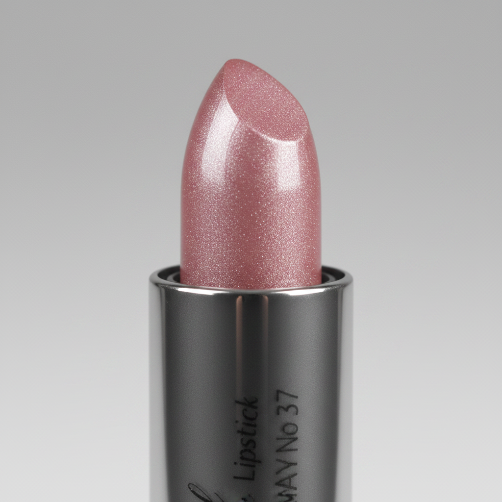 Extreme macro close-up of Laval Lipstick Tawny No 37 shimmery pink-nude bullet with silver shimmer particles