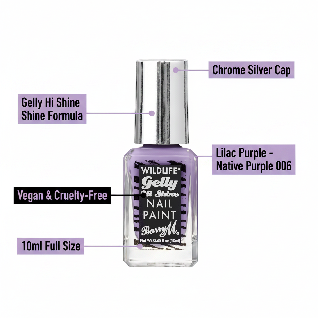 Barry M Wildlife Gelly Hi Shine Nail Polish Native Purple 006 - feature infographic showing key product benefits