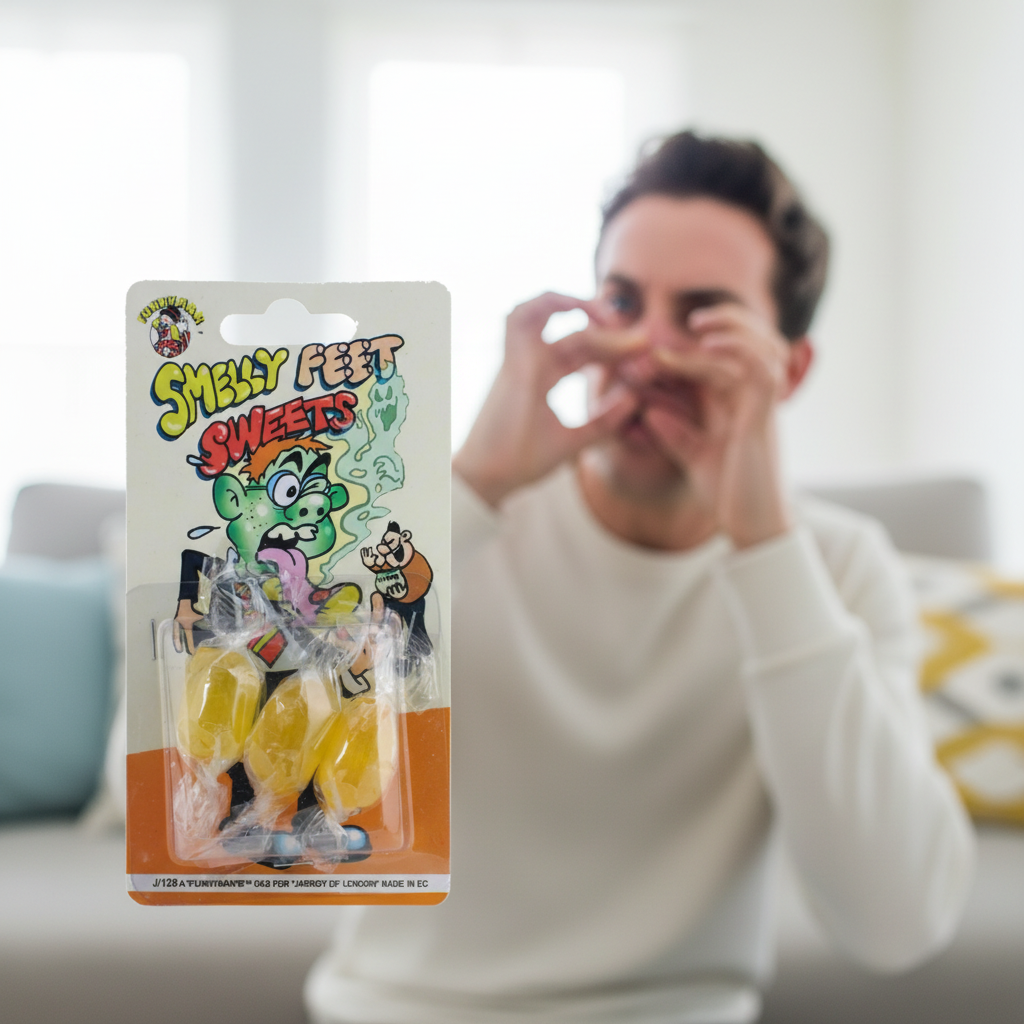 Person reacting with comic disgust holding nose with Funnyman Smelly Feet Sweets packaging in sharp focus foreground