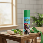 Party Success Green Hair Colour Spray 125ml on a bathroom shelf with natural window light, lifestyle setting
