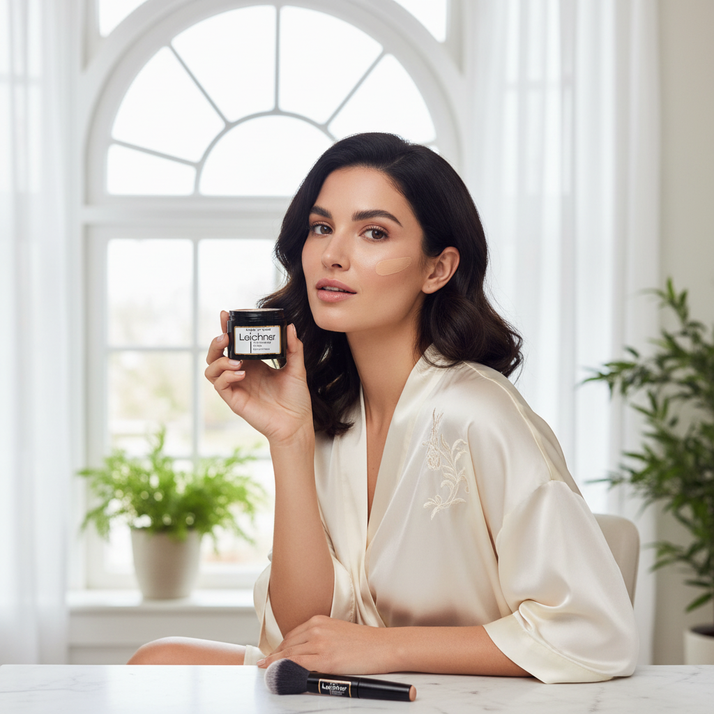 Woman applying Leichner Camera Clear Foundation Blend of Rose showing flawless radiant skin