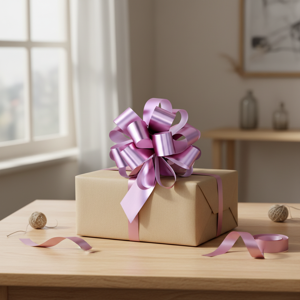 Large pink pull bow on a beautifully wrapped gift on a wooden table by a window, natural light lifestyle