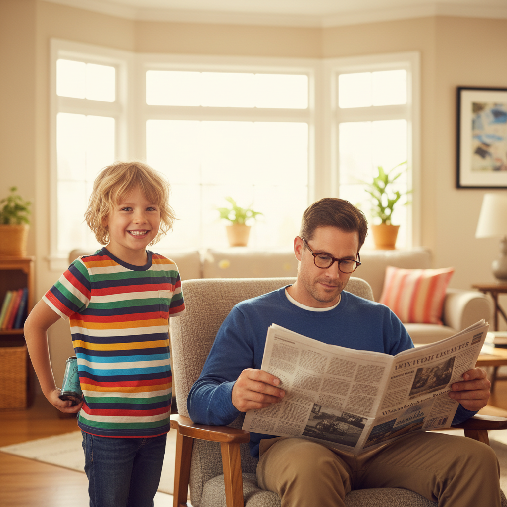 Mischievous child hiding joke black eye viewer behind back ready to prank adult