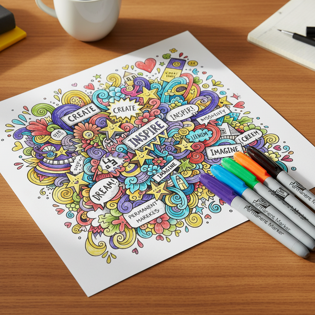 Completed vibrant hand-drawn artwork with colourful doodles and labels beside Tallon Permanent Markers 8 Pack on a warm wooden desk