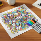 Completed vibrant hand-drawn artwork with colourful doodles and labels beside Tallon Permanent Markers 8 Pack on a warm wooden desk