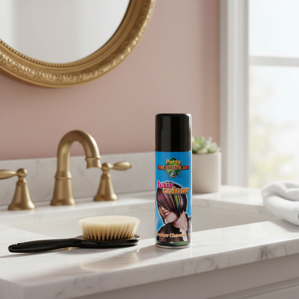 Party Success Black Temporary Hair Colour Spray 125ml on a stylish bathroom vanity with hairbrush and mirror, natural window light