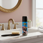 Party Success Black Temporary Hair Colour Spray 125ml on a stylish bathroom vanity with hairbrush and mirror, natural window light
