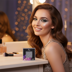 Woman ready for a night out wearing Lilyz Misty Silver eyeshadow with product on dressing table