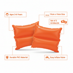 Intex inflatable orange swim arm bands infographic showing key features and specifications