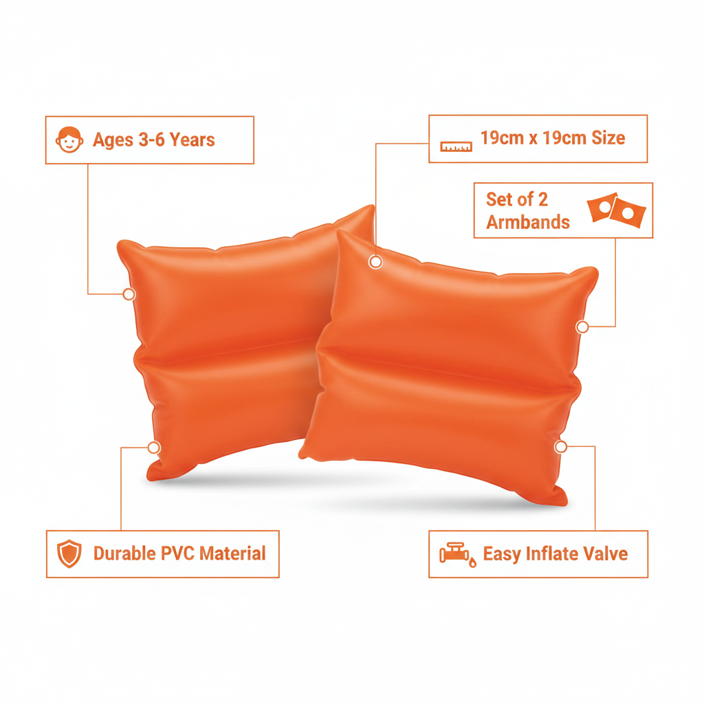 Intex inflatable orange swim arm bands infographic showing key features and specifications
