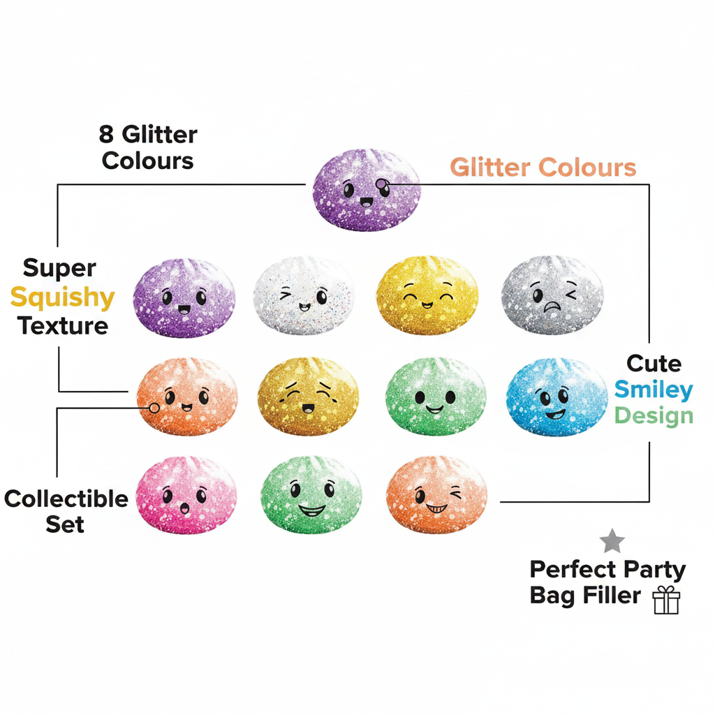 Feature infographic for mini glitter squishy bao buns highlighting 8 glitter colours, squishy texture, smiley face design, collectible set and party bag filler