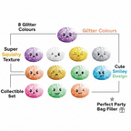 Feature infographic for mini glitter squishy bao buns highlighting 8 glitter colours, squishy texture, smiley face design, collectible set and party bag filler