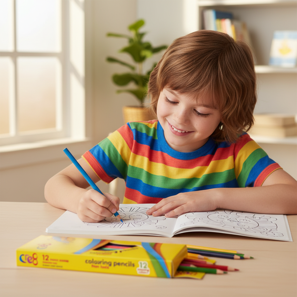 Child using Cre8 colouring pencils 12 pack for creative art project at desk