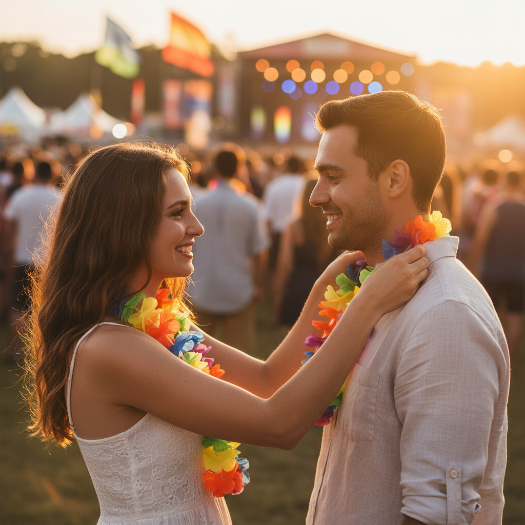 Couple at summer festival with rainbow flower lei Hawaiian garland