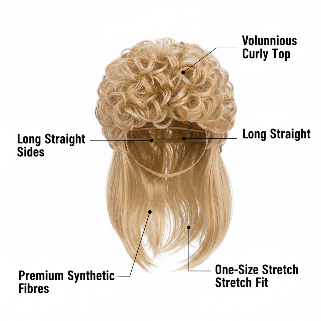 Men's 1980s blonde mullet wig infographic showing key features: voluminous curly top, long straight sides, one-size stretch fit, premium synthetic fibres