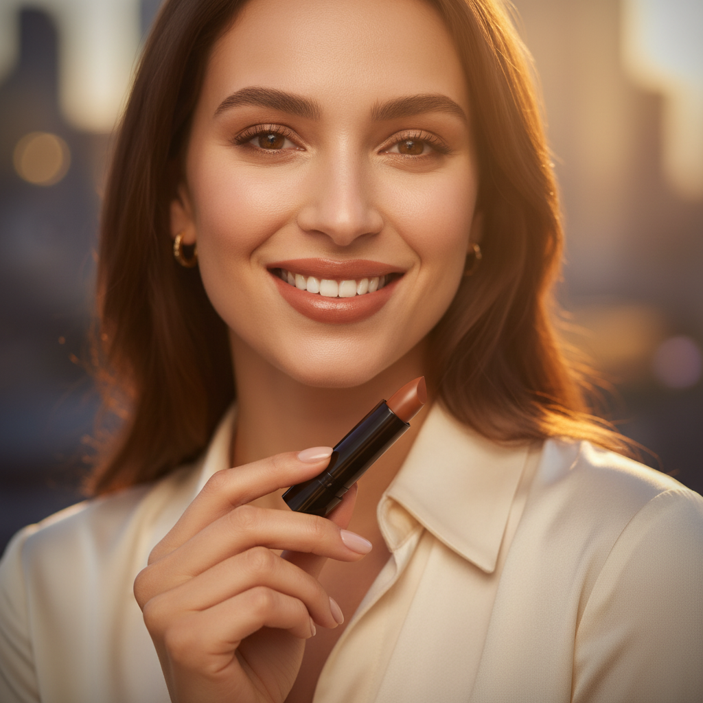 Confident woman with warm caramel-nude lips holding Laval Caramel Kiss Lipstick 17 in golden hour light