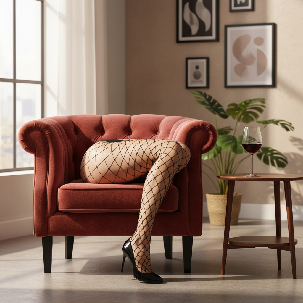 Woman's legs in black diamond fishnet tights on velvet armchair in stylish living room with natural window light