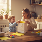 Mother and child wrapping a birthday gift with yellow tissue paper, warm golden hour lifestyle scene