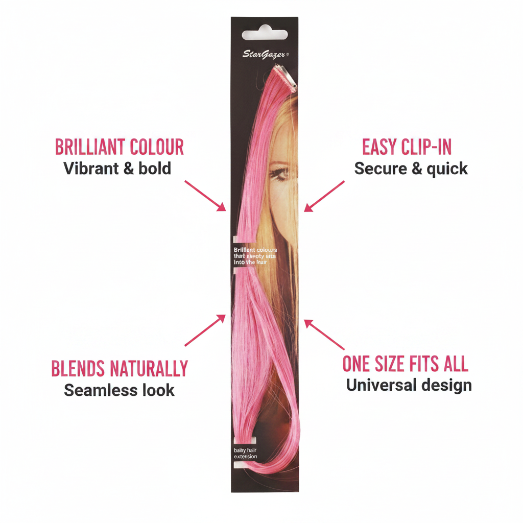 Stargazer Baby Hair Extension Hot Pink feature infographic with callout labels highlighting key benefits