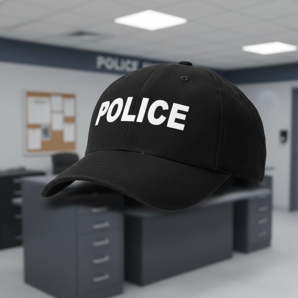 Black police cap with white POLICE lettering on costume background
