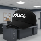 Black police cap with white POLICE lettering on costume background