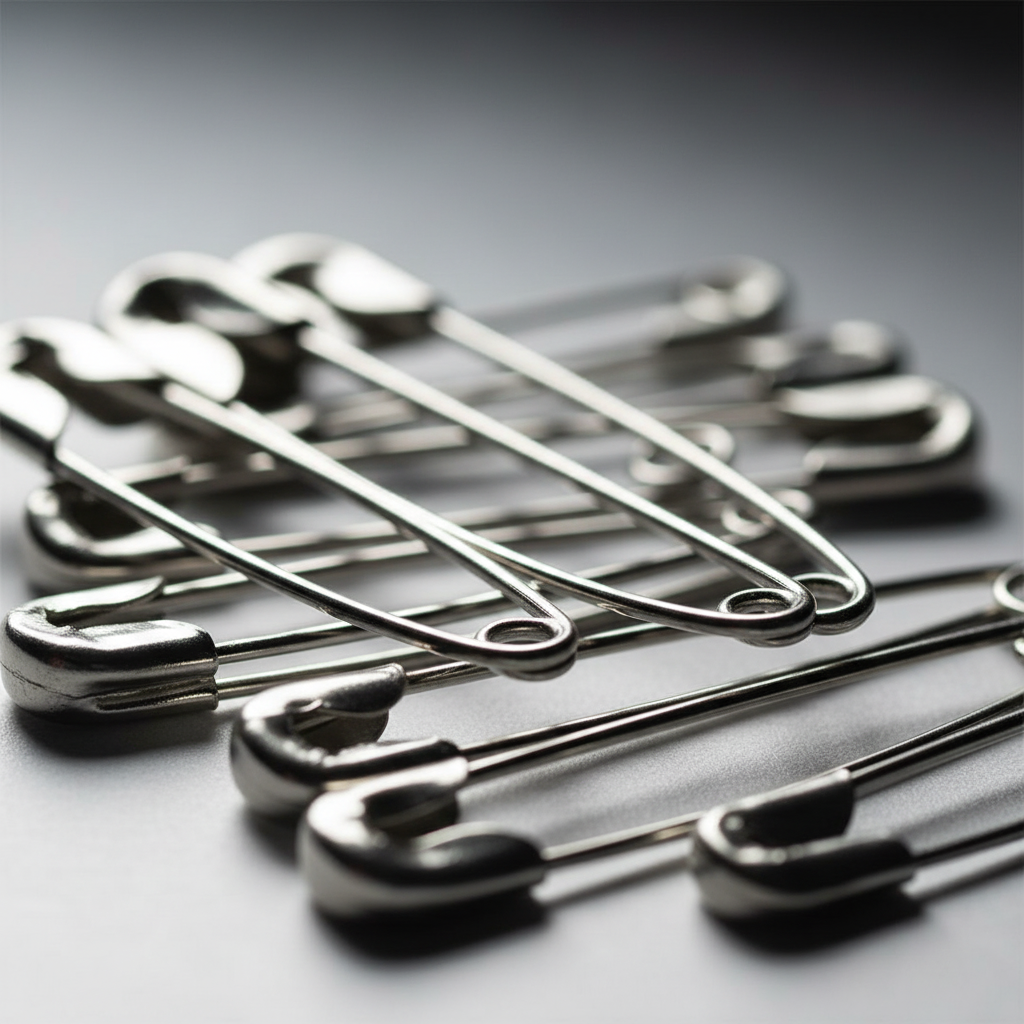 Extreme macro close-up of Tiger Stationery silver nickel-plated safety pins showing smooth metal finish and precision clasp mechanism